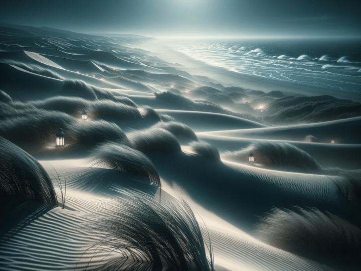 Windswept dune landscape at night