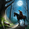 a male rider on horseback traveling a moonlit forest path- As he advances, he notices a small bundle beside a tree