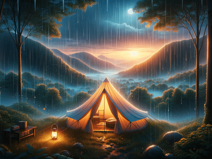 beautifully serene evening where a gentle rain falls upon a tent