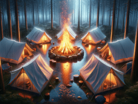 campsite scene during a gentle rain shower. Five tents, positioned in a circle, surround a central, crackling fireplace