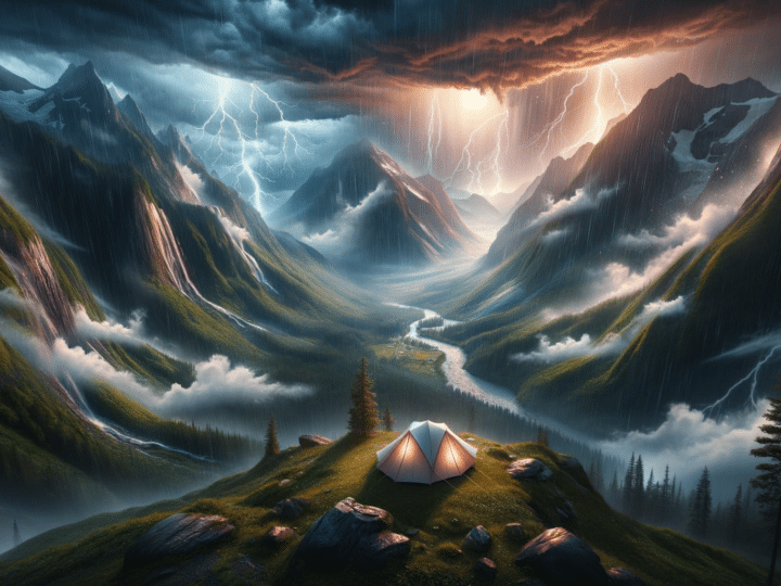 mountainous realm where rain and thunder add drama and beauty to the scene. Amidst this setting, a tent is pitched on a vantage point