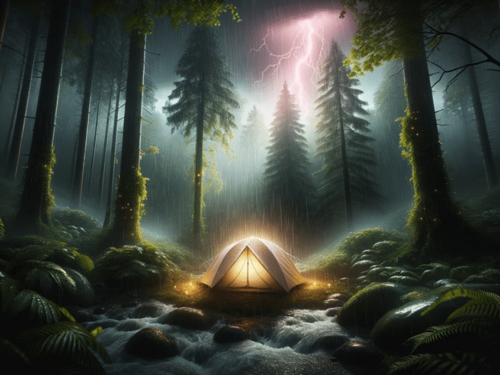 rain-soaked forest-Thunder rumbles in the distance, and amidst this backdrop, a camping tent offer