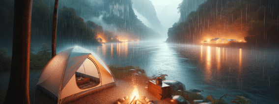 riverside location-As rain pours gently, the tent stands resilient, its surface echoing with the sound of rain