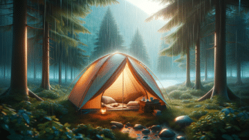 tent nestled in a serene natural setting, with the gentle rhythm of rain creating a cozy ambiance