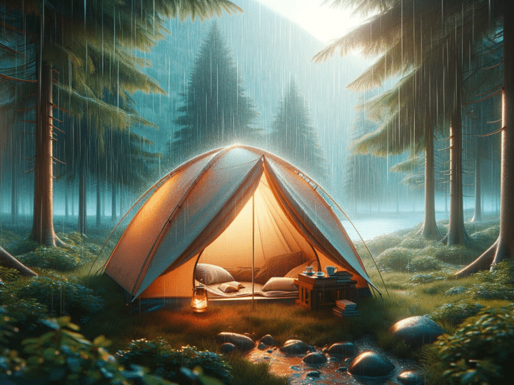 tent nestled in a serene natural setting, with the gentle rhythm of rain creating a cozy ambiance