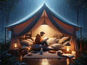 tranquil evening with rain softly falling on a tent