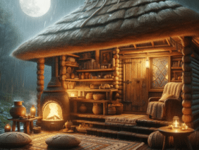 A cozy wooden hut in the rain inside a fire