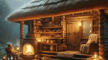 A cozy wooden hut in the rain inside a fire