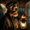 A lighthouse keeper, an elderly man with a gentle strength, stands vigilantly in the lighthouse during the night