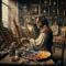 A painter from the 17th century in a historic studio, engrossed in mixing colors on a wooden palette