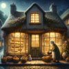 A whimsical village bakery at night, exuding warmth and charm