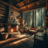 An old, rustic shack in the heart of a dense forest and a fireplace