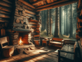 An old, rustic shack in the heart of a dense forest and a fireplace