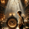 Elian, standing in an antique room filled with old books and relics and a mystique clock