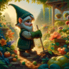 In a whimsical garden filled with vibrant flowers and luscious fruits, a gnome with a green outfit and a pointy hat in the middle