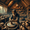 Skilled potter named Alfredson works on his wheel. The studio is cozy and filled with the charm of the countryside