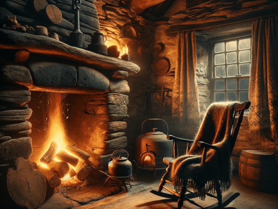 The room is illuminated by the warm glow of a fire burning in a river rock fireplace