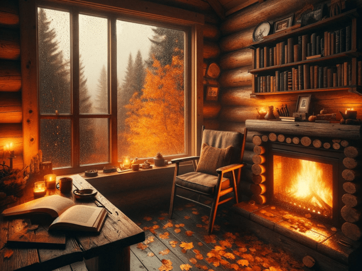 cozy cabin interior on an autumn evening with the golden glow of a lively fireplace. Raindrops are seen streaking down the window panes