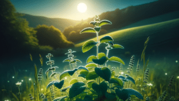 cozy nighttime scene of a Lemon Balm plant in a beautiful field