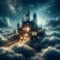 majestic castle floating above the clouds under the night sky.