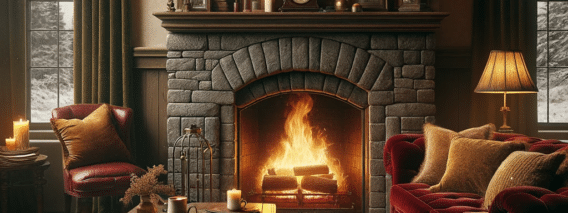 roaring fireplace made of rustic stone