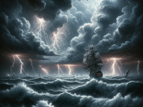 thunderstorm at sea, capturing the intensity of nature’s fury. The sky is dark and ominous with thick, swirling clouds