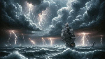 thunderstorm at sea, capturing the intensity of nature’s fury. The sky is dark and ominous with thick, swirling clouds