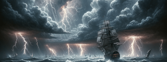 thunderstorm at sea, capturing the intensity of nature’s fury. The sky is dark and ominous with thick, swirling clouds