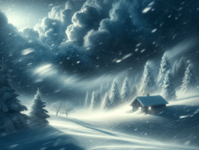 winter storm scene depicting heavy snowfall with strong winds swirling the snow around