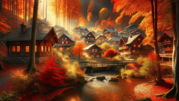 autumn scene with a small wooden town nestled in a forest