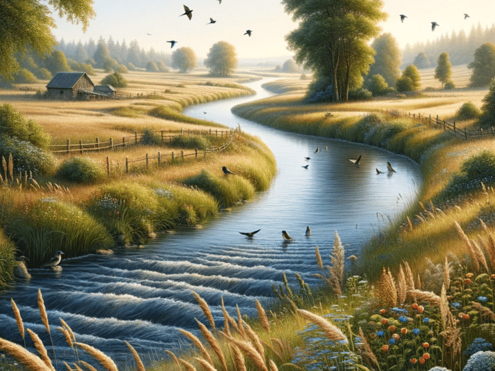 Gentle river flowing through fields with birds flying around