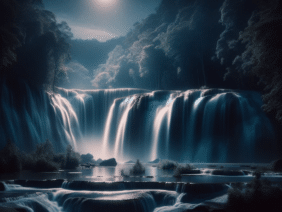 Mesmerizing scene of a waterfall in the night. The waterfall cascades gracefully down a rocky cliff. The m