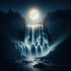 breathtaking scene of a waterfall at night illuminated by the soft glow of the moon