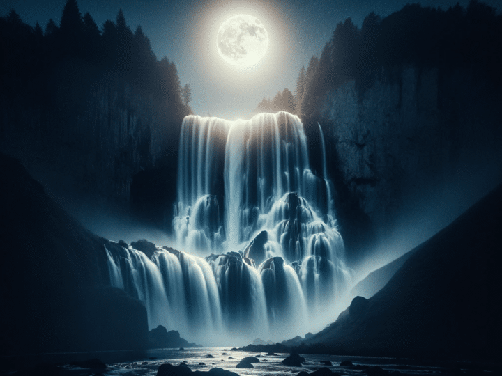 breathtaking scene of a waterfall at night illuminated by the soft glow of the moon