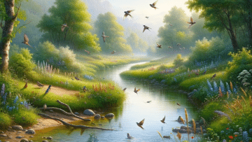 calm small river stream with birds