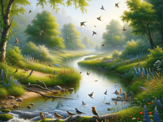 calm small river stream with birds