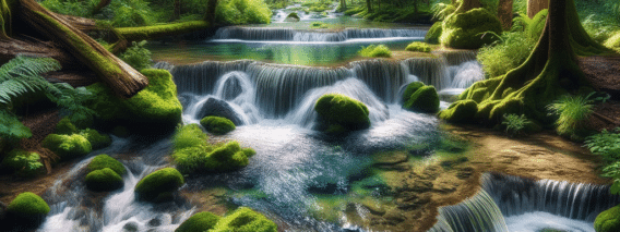cascade and stream flowing in a forest