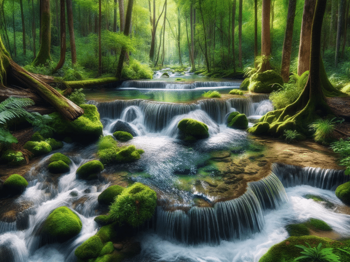 cascade and stream flowing in a forest