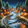 gentle river flowing through a small wooden village at night