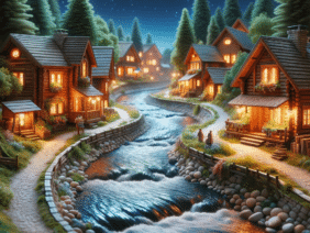 gentle river flowing through a small wooden village at night