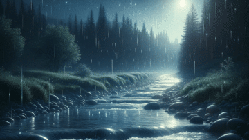 nighttime scene of a river with gentle raindrops falling on it