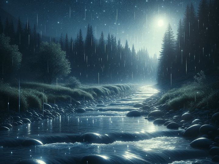 nighttime scene of a river with gentle raindrops falling on it