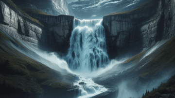 powerful scene of a roaring big waterfall in the mountains at night