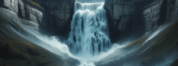 powerful scene of a roaring big waterfall in the mountains at night