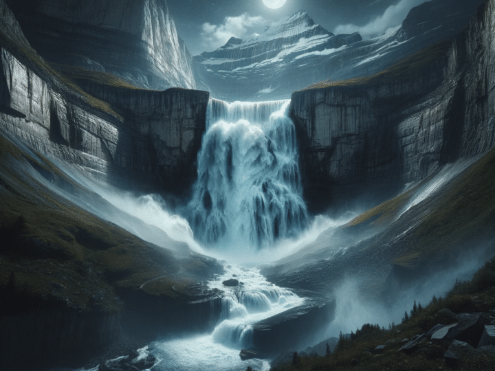 powerful scene of a roaring big waterfall in the mountains at night