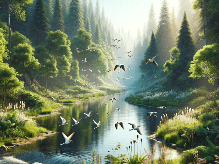 river in the forest with birds flying around