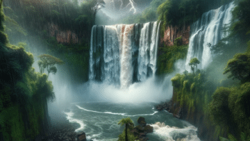 tropical waterfall with rain and thunder