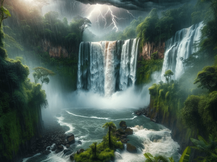 tropical waterfall with rain and thunder