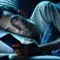 Tired person lying in bed at night, looking at their smartphone