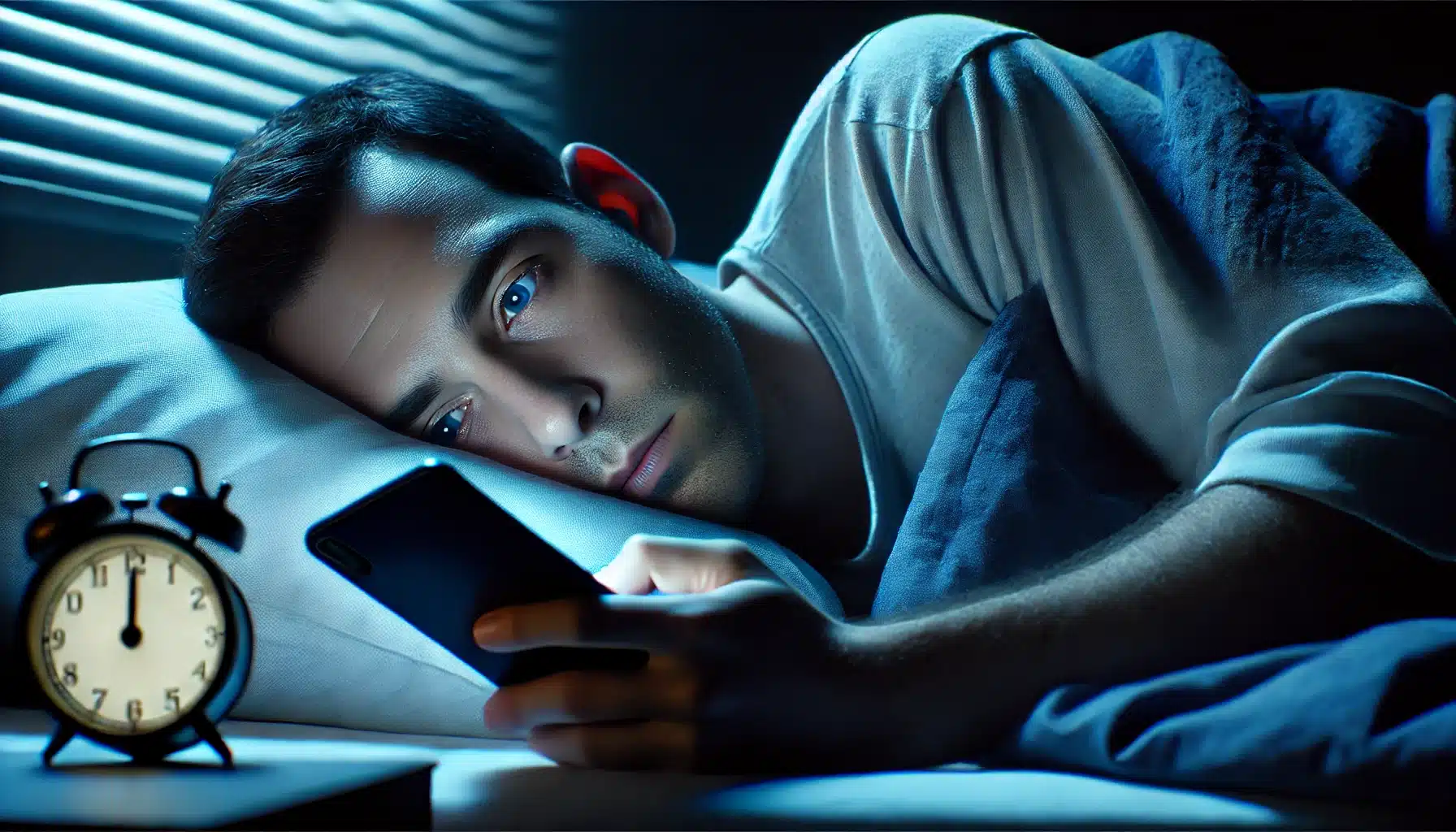 Tired person lying in bed at night, looking at their smartphone